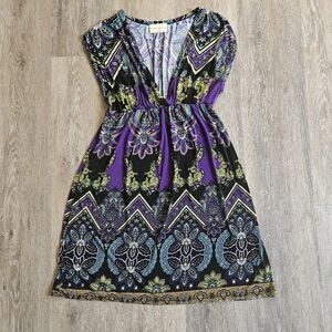 Floral Paisley Empire Waist Deep V-neck Dress Large Sleeveless Psychedelic